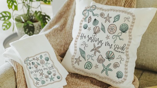 he restores my soul Psalm 23:3 Bible verse throw pillows for bed, Christian gifts for best friends, seashell coquette kitchen towels, beach