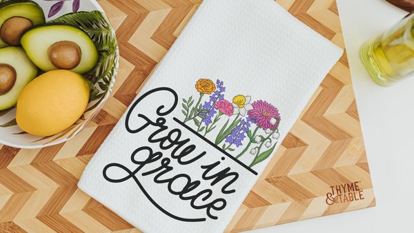 grow in grace Christian kitchen towel for bridal shower, wildflower kitchen items, faith gifts for Mom, floral kitchen decor, guest bathroom