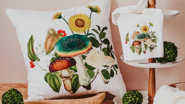 mushroom throw pillow for couch, toadstool decor, mushroomcore green academia mushroom kitchen towels, new apartment gift for her, nature