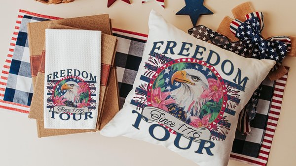 bald eagle freedom tour throw pillows for porch, Americana decor with pink floral 4th of July kitchen towels, patriotic gifts for women