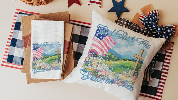 God shed His grace on thee throw pillows for porch swing, Christian 4th of July kitchen towels, America the Beautiful patriotic gifts for