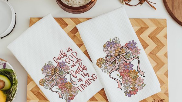 floral cross kitchen towel, faith in God LDS decor, Christian gifts for friends, faith based housewarming gifts for women, guest bathroom