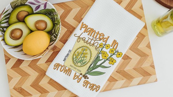 planted in faith grown in grace Christian kitchen towels, adult baptism gift for women, faith kitchen decor, Matthew 17:20 Bible verse gifts