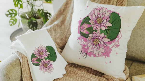 July birth flower throw pillow for bed, larkspur kitchen towels, water lily birth month flower decor, July birthday gifts for her, Leo gifts