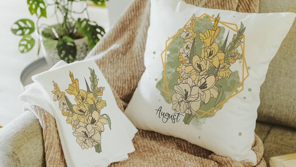 gladiolus flower throw pillow for bed, August birth month flower gifts for her, August birthday gifts for friend, yellow gladiolus kitchen