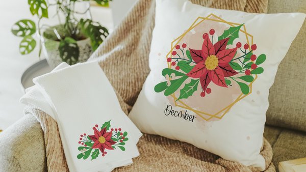 holly and berry Christmas throw pillows for sofa, December birth flower gift for her, December birthday gifts for women, red poinsettia hand