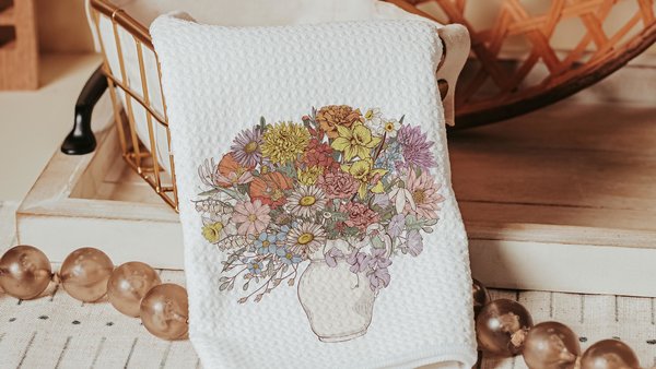 muted floral bouquet kitchen towels for friends, cottagecore kitchen decor, gardener gifts for her, powder room hand towels for bathroom