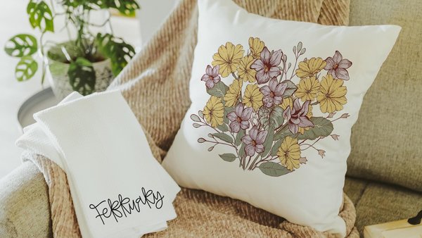 purple violet throw pillow for couch floral decorative pillows for sofa, February birthday kitchen towels, February birth flower gifts for