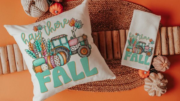 farm tractor hay there fall accent pillows for sofa, fall style gift, pink pumpkin kitchen towels, fall host gift, turquoise fall decor best