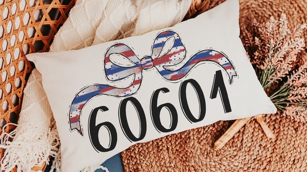 personalized patriotic coquette throw pillow for dorm, college gifts for her, custom zip code pillow cover 12x20, college dorm decor for