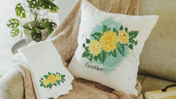 chrysanthemum flower throw pillows for bed, November birth flower gift for her, floral kitchen towels, November birthday gifts for sister