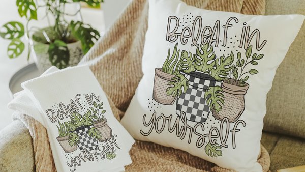 beleaf in yourself inspirational throw pillows for couch funny plant lover gifts, monstera plant kitchen towel for women, plant mom gifts
