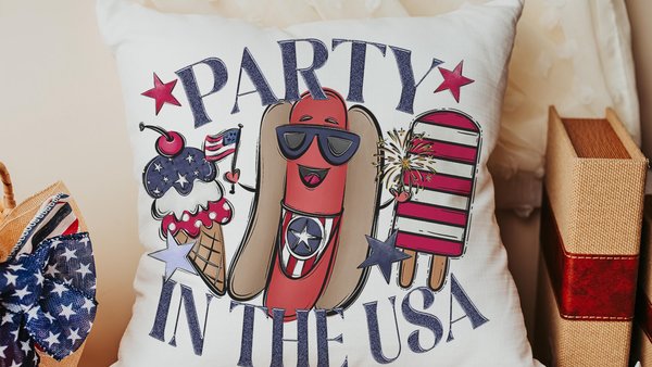 party in the USA 4th of July throw pillows for porch swing, American hot dog funny accent pillow covers 18x18, patriotic gifts for women