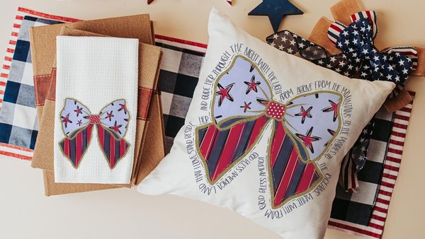 stars and stripes coquette kitchen towel for mom, God bless America 4th of July throw pillows for porch swing, patriotic gifts for women