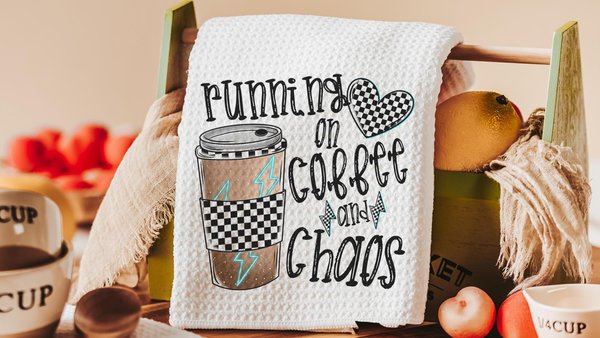 running on coffee and chaos funny kitchen towels for women, coffee lover gift for girlfriend, coffee bar accessories, coffee kitchen decor