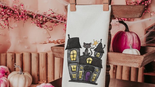 haunted house spooky cute Halloween kitchen towels, whimsigoth decor, whimsical Halloween gift set for women, black cat Halloween decor for