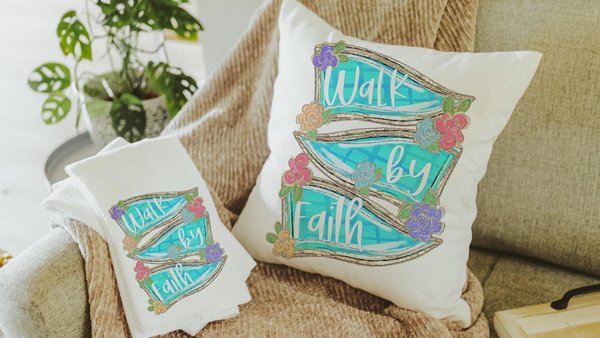 walk by faith scripture throw pillow for couch, 2 Corinthians 5:7 Bible verse kitchen decor, Christian gifts for women sisters in Christ