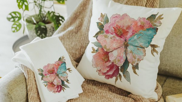 blush pink butterfly throw pillows for dorm, watercolor flower kitchen towels for sister, college apartment gift for best friend, muted teal