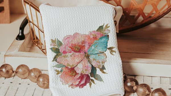 blush pink butterfly hand towels for bathroom, watercolor flower kitchen towels for daughter, muted teal butterfly gifts for her, guest