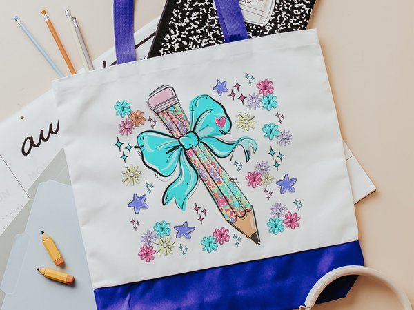 colorful leopard print pencil bow coquette tote bag for teachers, back to school gifts for coworkers, cute teacher tote bag for books, first