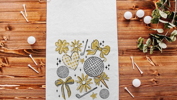 golf coquette golf towels for golf bags, gold school spirit items, cute golf stocking stuffers for golfers, golf ball towel, golfing gear