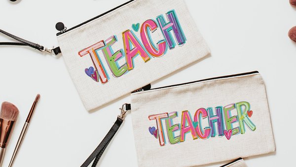 cute teacher wristlet bag with strap, 2026 teacher appreciation gift for women, end of year teacher gift from coworker, teach pencil pouch