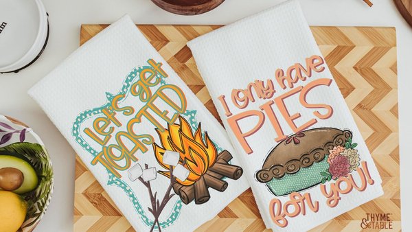 lets get toasted smores and campfire fall kitchen hand towel, camping gifts for women, pie puns funny kitchen towels for mom, baking gifts