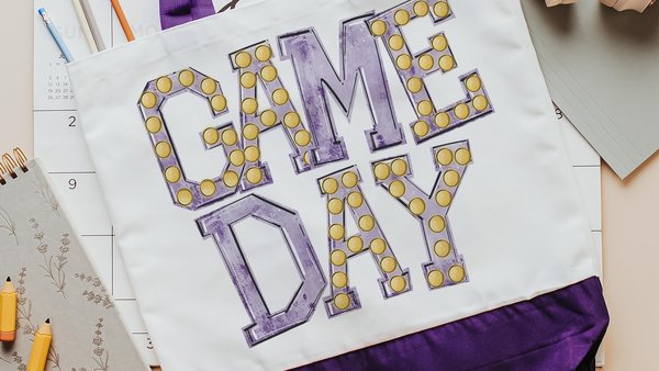 game day tote bag for women, purple school pride football mom gifts, back to school gifts for school staff, tailgate gear, sports tote bag