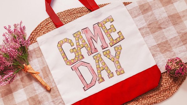game day tote bag for daughter, red school spirit accessories for teachers, cheerleader gift from coach, college student gift, tailgate tote