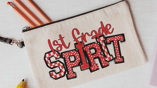 first grade pencil pouch for girls, trendy school supplies for kids, red school spirit accessories, 1st grade back to school gifts for