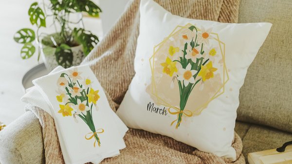 custom birth flower throw pillow for sofa, daffodil kitchen towel, March birthday gifts for women, plant mom gift, cottagecore room decor