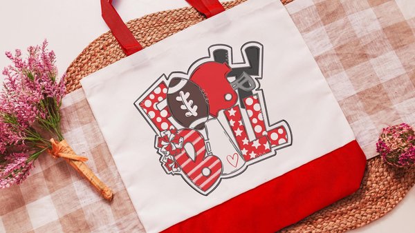football tote for games, cheer and football mom tote bag for women, red school spirit accessories for teachers, game day gear, cheerleading