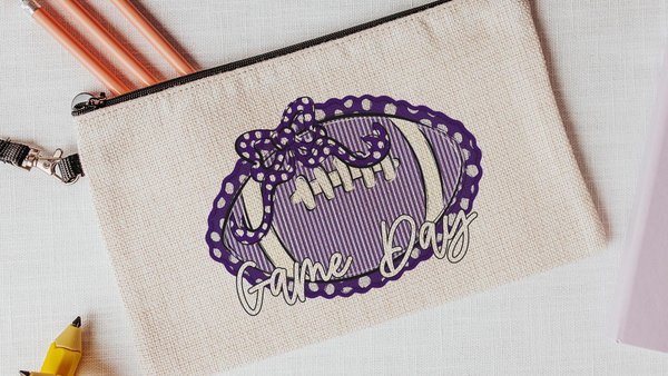 personalized purple seersucker makeup bag, purple school pride purple school supplies, seersucker football game day accessories, cheer squad