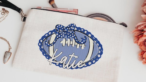 personalized seersucker football coquette makeup bag with name, royal blue school spirit accessories, stocking stuffers for teenage girls