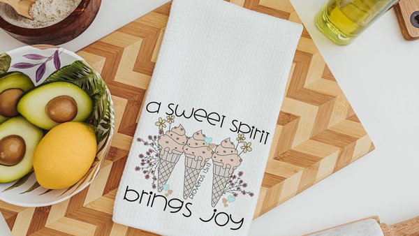 a sweet spirit brings joy ice cream kitchen towel, Christian gifts for best friends, faith based housewarming gifts for her, bathroom hand