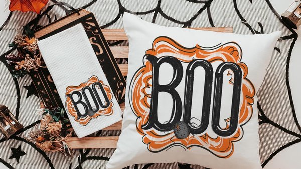 boo Halloween throw pillows for chair, boo basket gifts for her, cute spider Halloween kitchen towels, spooky season gifts, fall host gift
