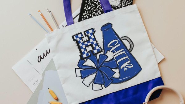 personalized royal blue cheerleader tote bags for girls, back to school gifts for college students, initial tote bag for school, cheer mom