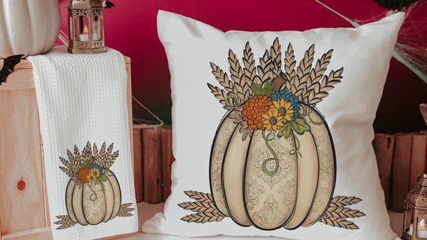wheat pumpkin decorative pillows for couch, sunflower pumpkin kitchen towels, harvest decor, Thanksgiving hosting gift, pumpkin season gifts