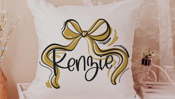 personalized gold bow throw pillow with name, fall housewarming gift for best friend, fall coquette decorative pillow for teenage girls room