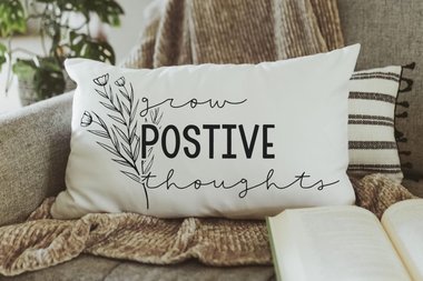 grow positive thoughts lumbar throw pillow for couch, inspirational dorm pillows for college girls, plant mom gift, minimalist decor, nature