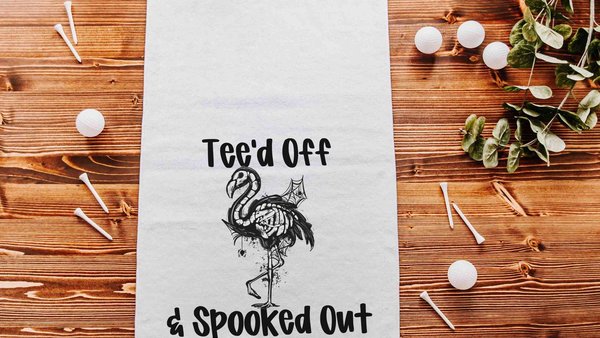 flamingo skeleton funny golf towels with grommet, Halloween golf ball towel with hook, flamingo gifts for women, spooky cute golf gifts for