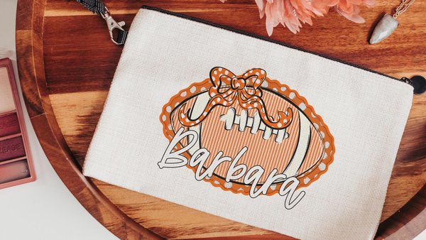 seersucker football cheer makeup bag personalized cheer squad gifts, orange school spirit school supplies cute pencil case for teenage girls