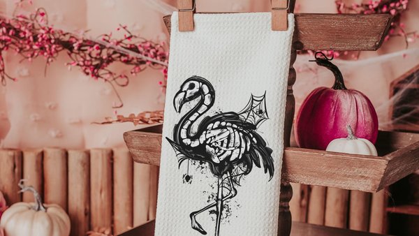 flamingo skeleton hand towels for bathroom, spooky cute Halloween kitchen towels home essentials, boo basket stuffers for girlfriend, beach