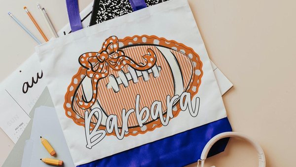 personalized orange seersucker football tote bag for cheer squad gifts, orange school spirit bag with name, Christmas gifts for cheerleaders
