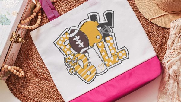 cute football tote for games, yellow school spirit bags for teachers, senior cheer gifts for girls, cheerleader gift, football mom tote bag