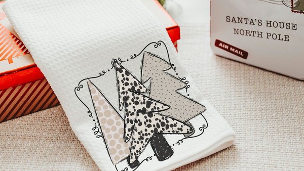 boho Christmas tree Christmas kitchen towels, cute Christmas housewarming gifts for couple, blush pink Christmas kitchen hand towels, secret