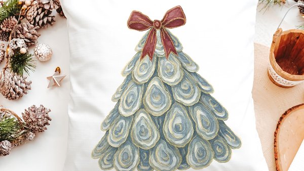 oyster shell Christmas tree accent pillow for sofa, oyster Christmas gifts for MIL, nautical Christmas decorations for gifts coastal holiday