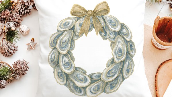 oyster shell Christmas wreath throw pillows for couch, holiday hosting decor home decor gift, oyster Christmas gifts for colleagues, coastal
