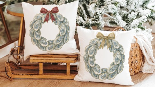 oyster shell Christmas wreath decorative pillows for couch, coastal Christmas throw pillow covers 18 x 18, oyster Christmas home decor gifts