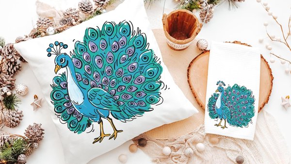 turquoise peacock throw pillow for women apartment decor for girls, teal peacock kitchen towels for friends, cute peacock gifts, dorm decor